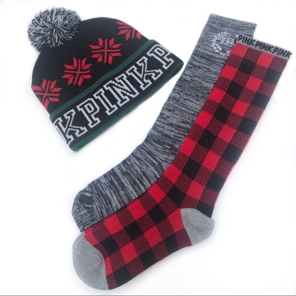 PINK Pom Pom Beanie and Sock Bundle Red Black NWOT